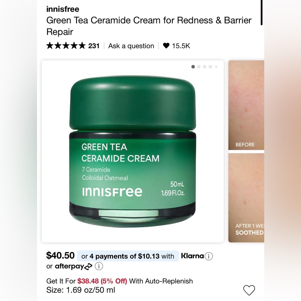 innisfree Green Tea Ceramide Cream for Redness & Barrier Repair